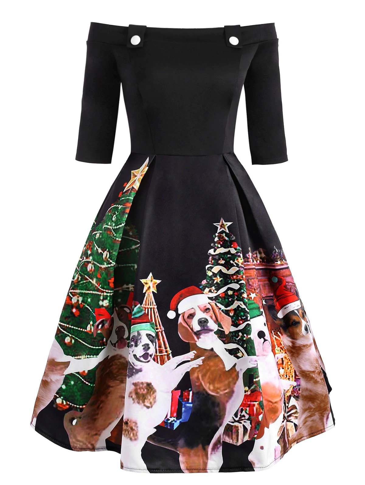 Christmas Dog Print Off Shoulder Button Embellished Dress